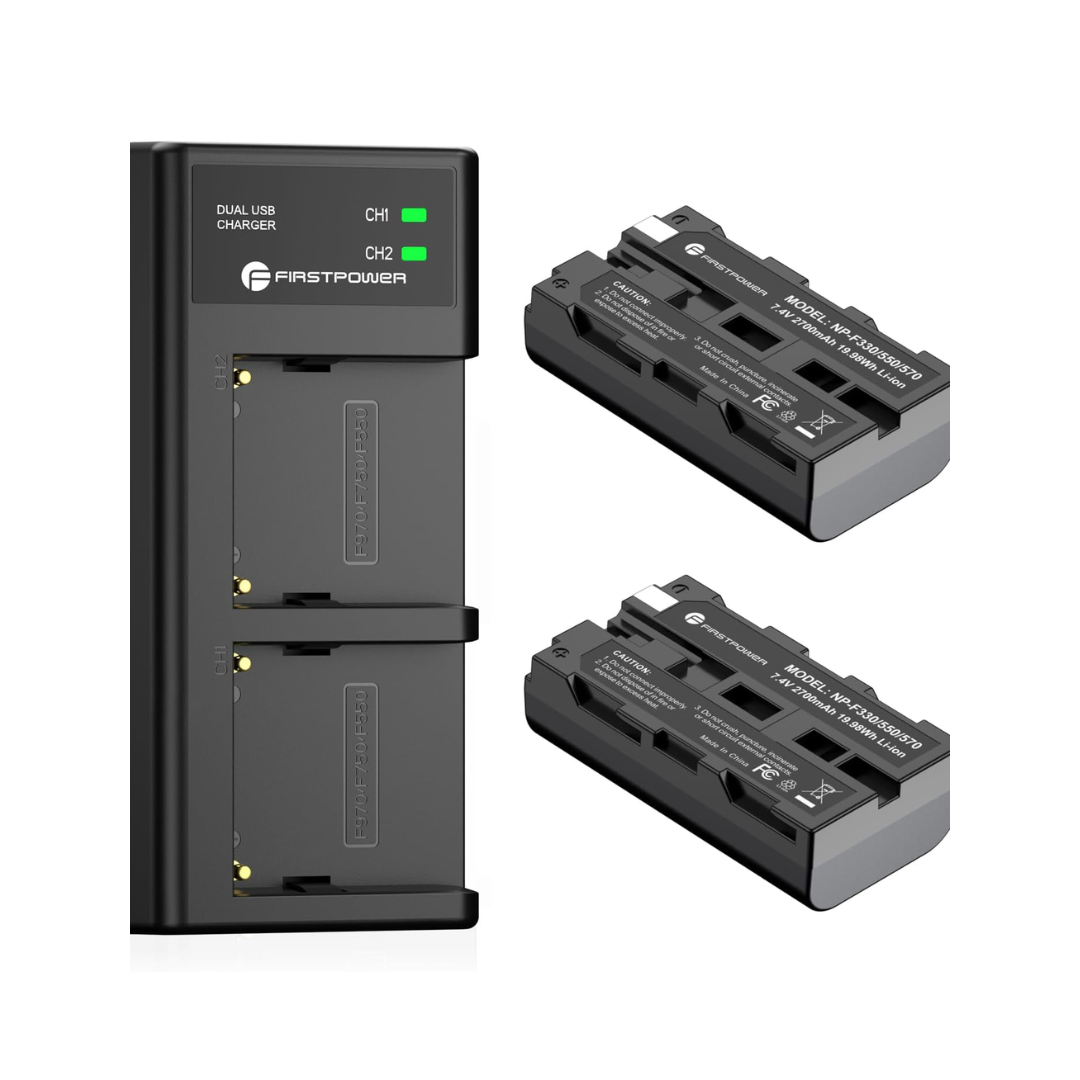 FirstPower Paquete de 2 baterías NP-F550 y cargador USB de doble ranura compatible con Sony