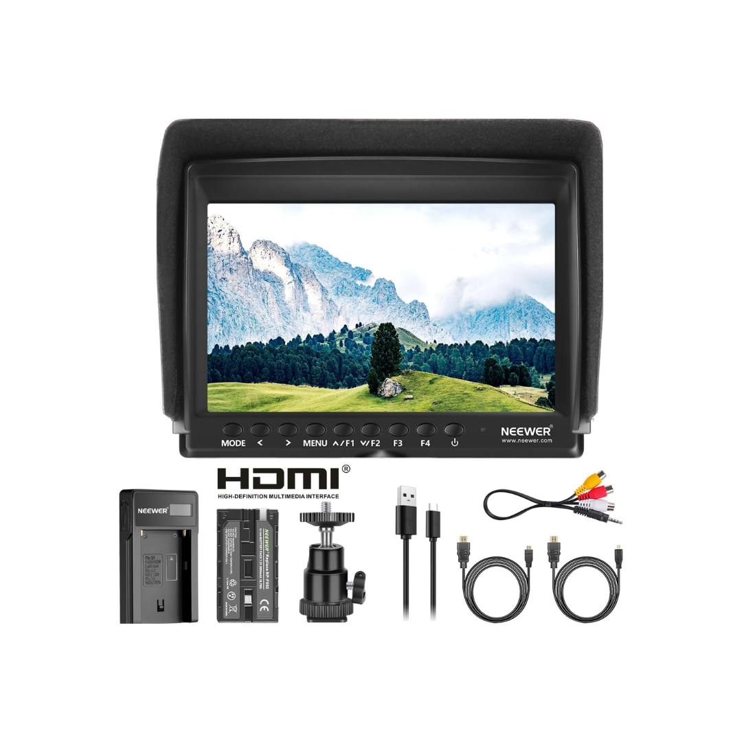 NEEWER F100 Monitor de campo HD IPS de 7” con batería NPF550 y entrada HDMI para cámaras DSLR