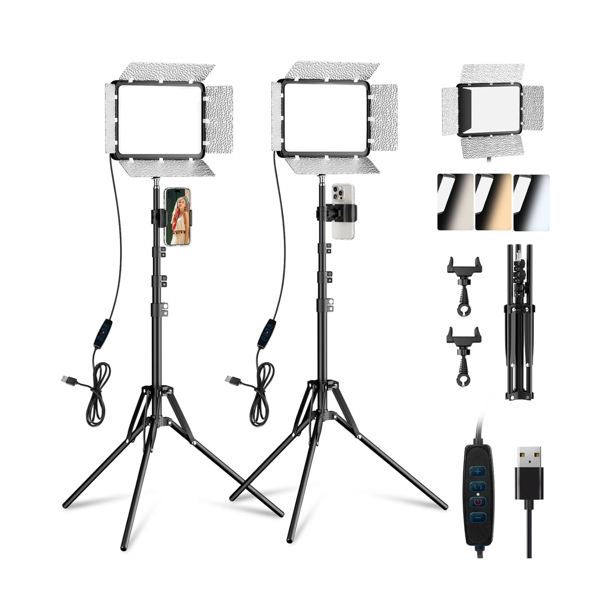 EMART Kit de luz de video LED con soporte para teléfono y barndoor de 2800-7000K