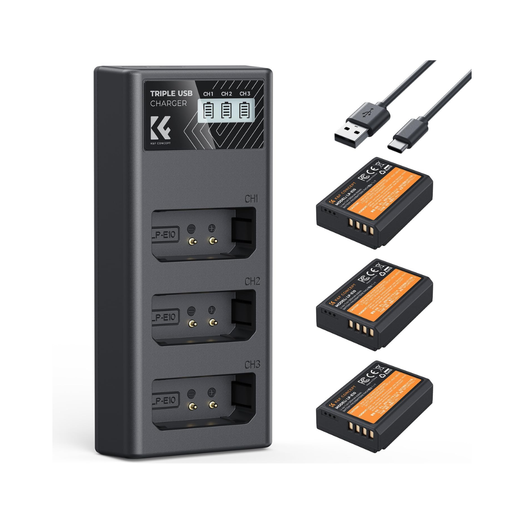 K&F CONCEPT Paquete de 3 baterías LP-E10 y cargador de batería para Canon