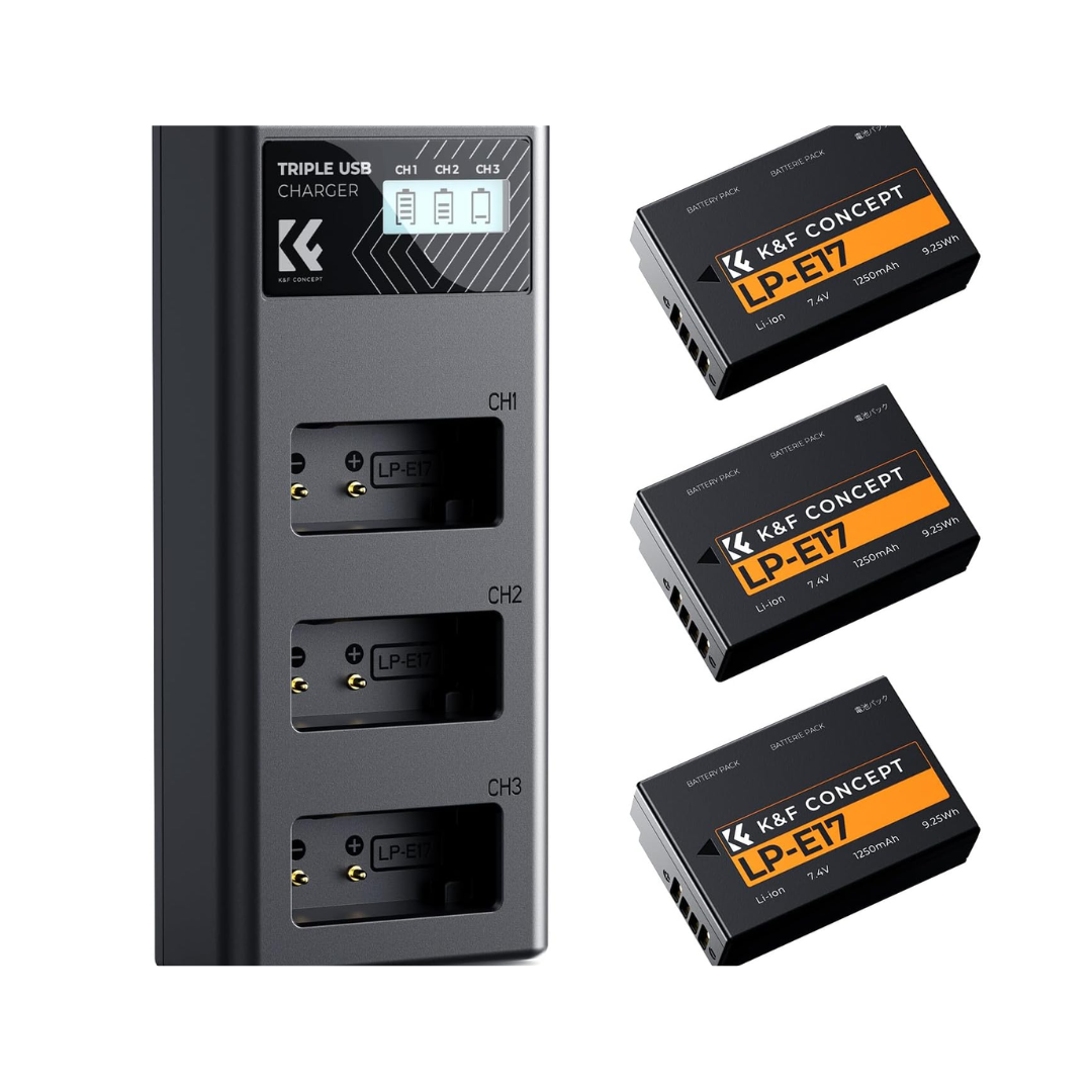 K&F CONCEPT Paquete de 3 baterías LP-E17 y cargador LCD de 3 ranuras