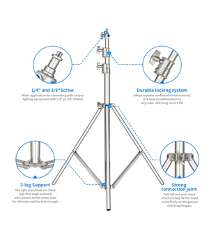 Neewer ST300-S – Soporte de Luz de Acero Inoxidable de 118" (300 cm)