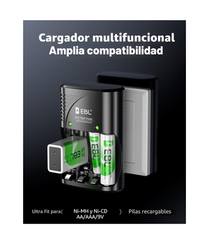 EBL Cargador de batería de 4 bahías con baterías recargables AA NiMh