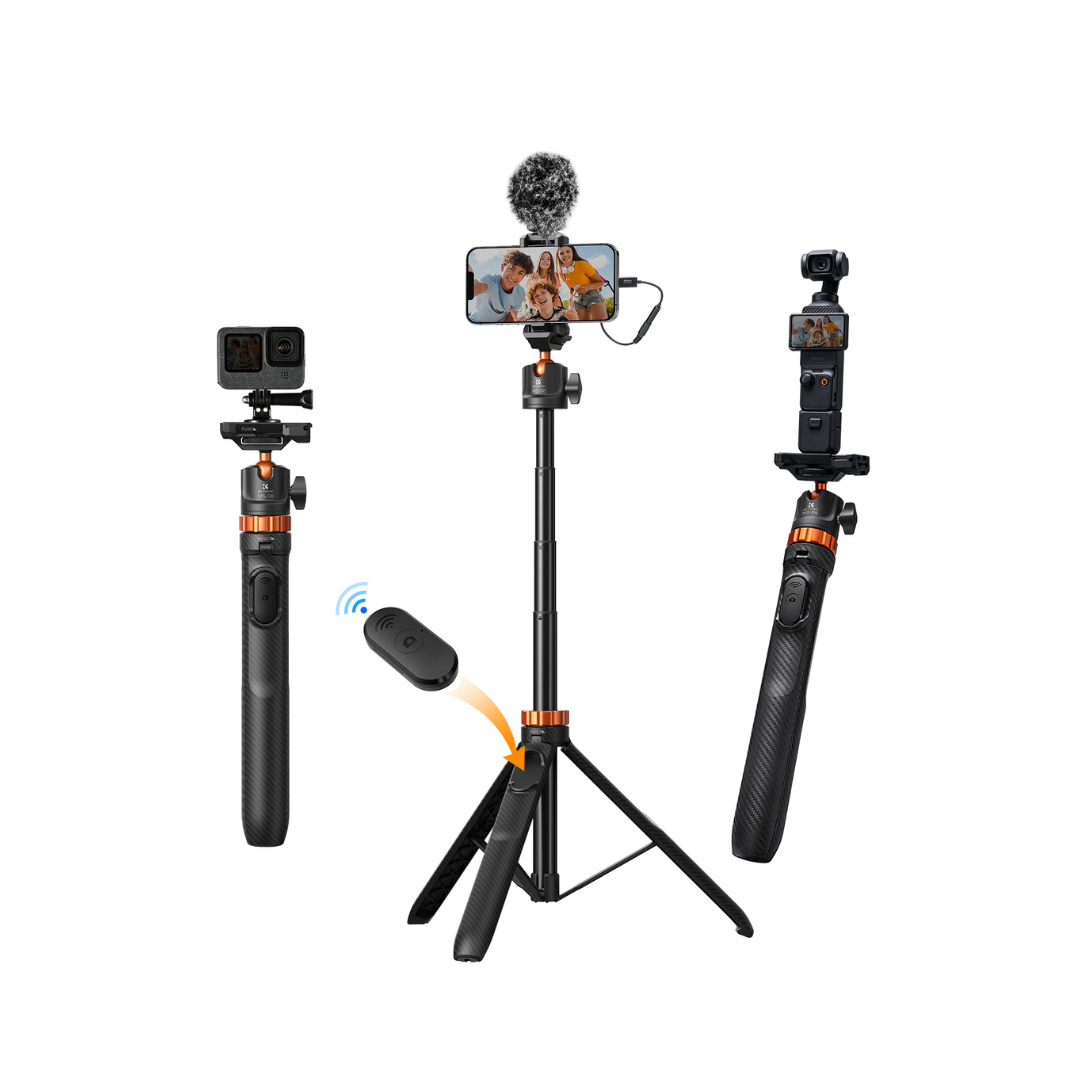K&F Concept KF09.127V1 Stick para selfies con trípode de móvil de 62''/1,58m + adaptador GoPro y control