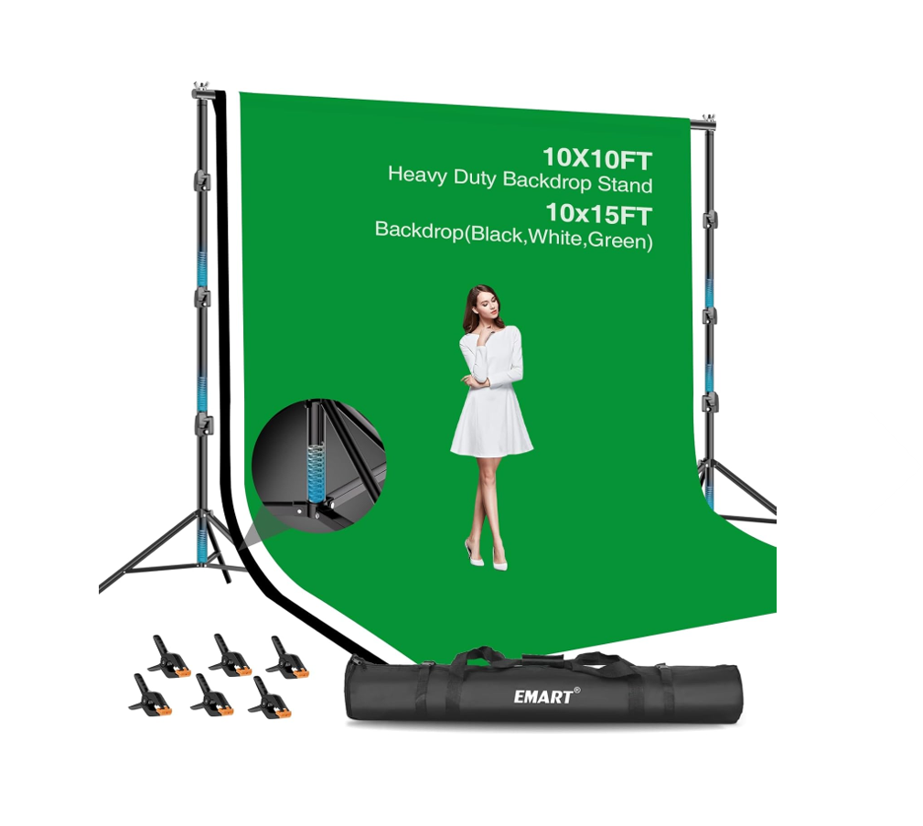EMART Kit de soporte de fondo de 10 x 10 pies ( 3 x 3 metros) con 3 telas  de 10 x 15 pies / 3 x 4.5 metros / (verde, negra y blanca)