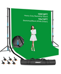EMART Kit de soporte de fondo de 10 x 10 pies ( 3 x 3 metros) con 3 telas  de 10 x 15 pies / 3 x 4.5 metros / (verde, negra y blanca)