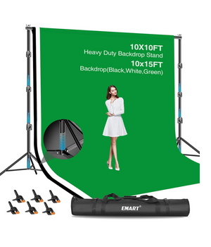 EMART Kit de soporte de fondo de 10 x 10 pies ( 3 x 3 metros) con 3 telas  de 10 x 15 pies / 3 x 4.5 metros / (verde, negra y blanca)