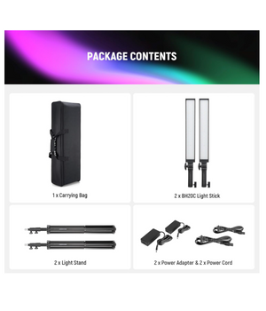 NEEWER Kit de 2 barras de luz RGB BH20C para fotografía, con soportes, difusores, 3250Lux, regulable 2500-10000K CRI95+/TLCI97+ APP/2.4G/Control de panel