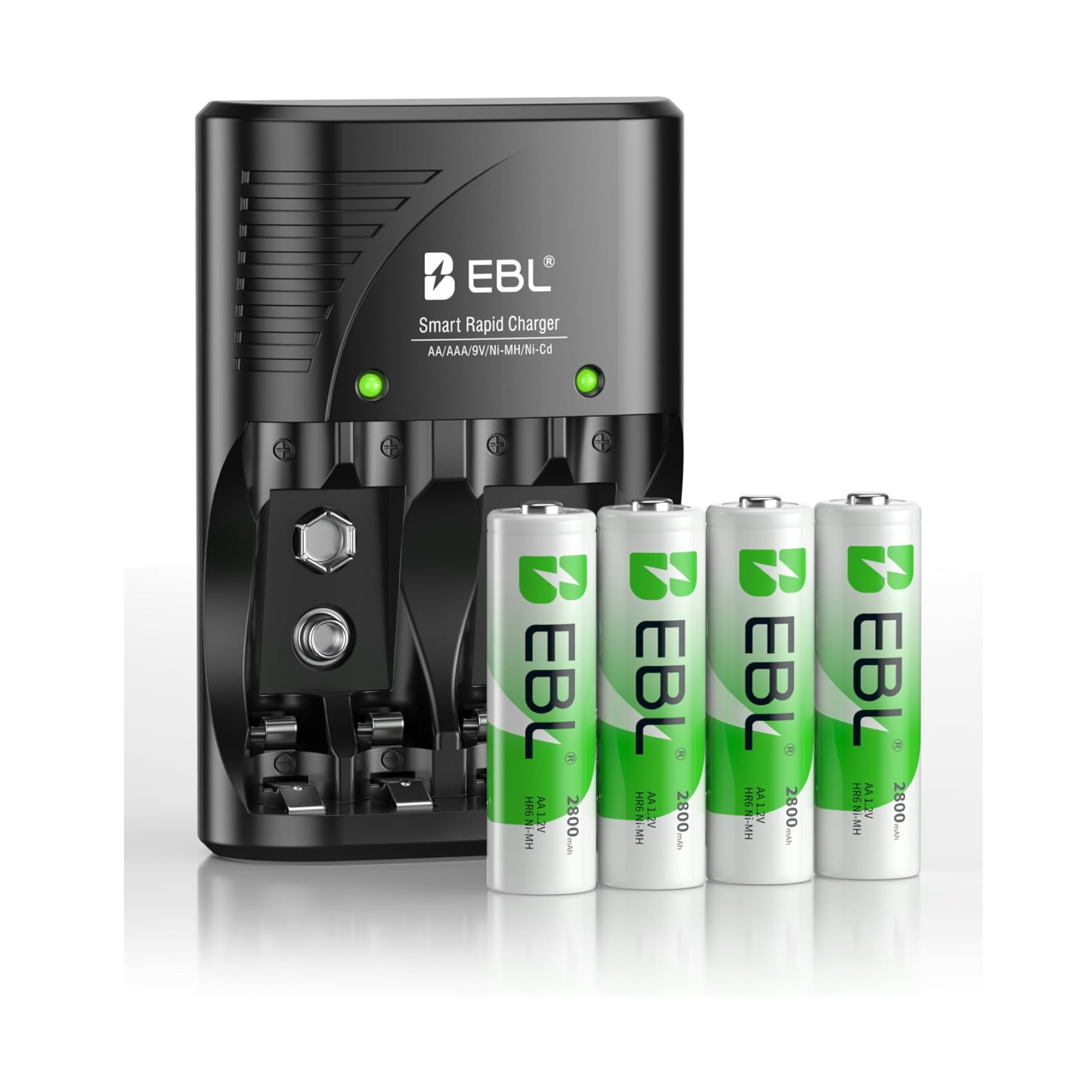 EBL Cargador de batería de 4 bahías con baterías recargables AA NiMh