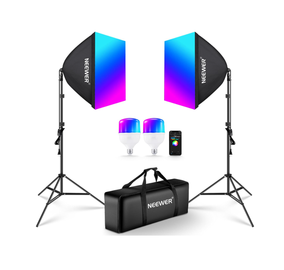 NEEWER NK800 Kit de iluminación RGB de 2 Softboxs con control de aplicación y 9 modos de efecto, con bombillas LED certificadas por FCC/IC/UL de 26 W CRI93+ TLCI98+
